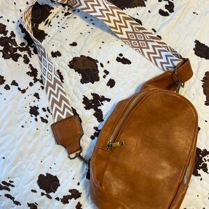 Brown Leather Crossbody Bag with Patterned Strap